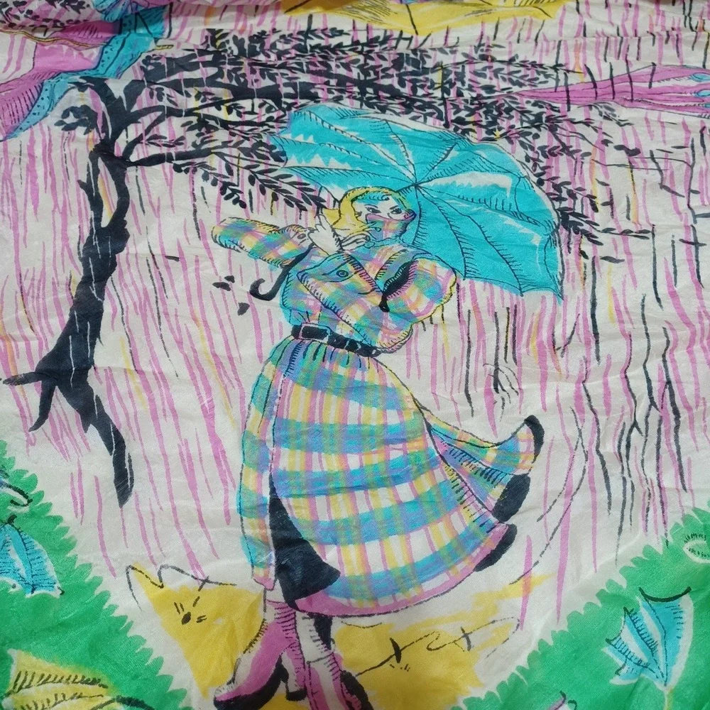 VTG Normandy Silk Scarf 32x32 Umbrella Novelty Print MCM Retro Dopamine Whimsy